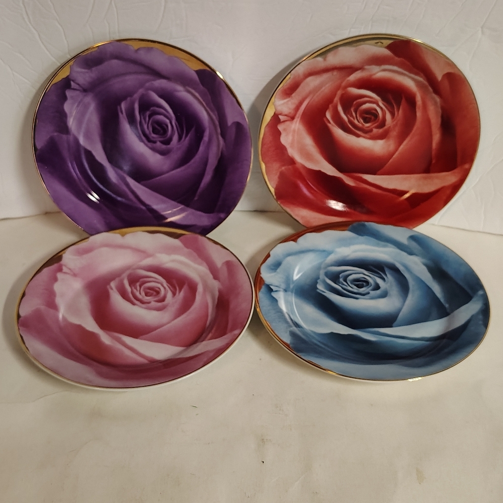 Classic Coffee And Tea Salad Plate Set Of 4 Cabbage Rose Gold Trim 7"